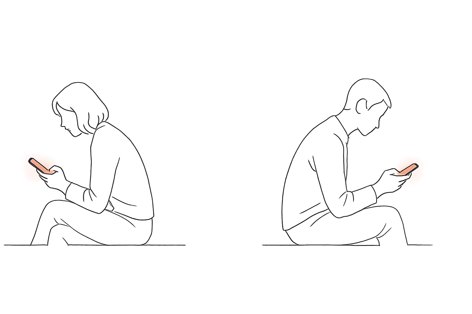 Two people sitting apart, each looking at a glowing phone